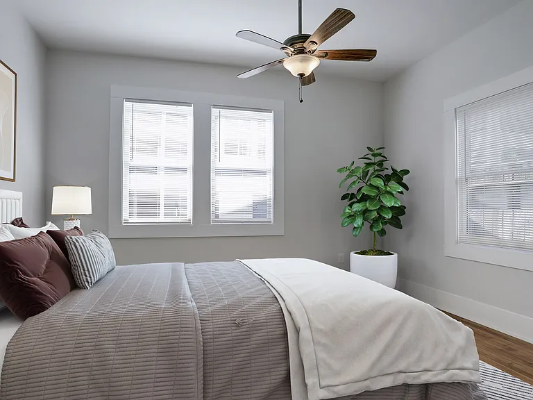 Includes closet & high-placed outlet for mounting TV.