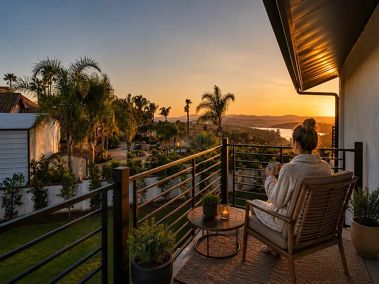 This is the balcony off of the bathroom with views to the lake and side yard off of the kitchen.