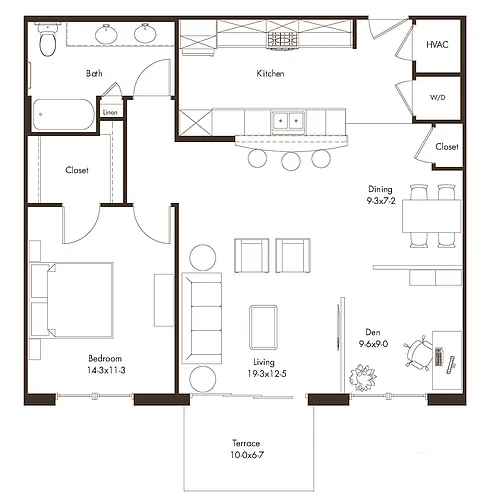 Floor plan 1 Bedroom plus Den