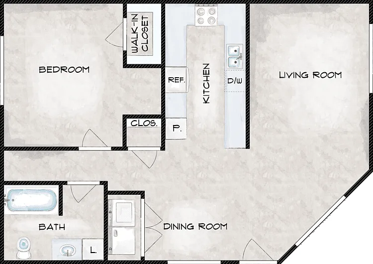 1 Bed 1 Bath Floorplan Diagram