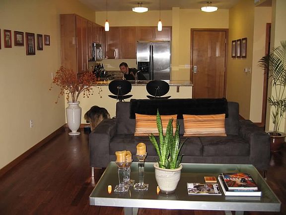 Living area with perspective to the kitchen and front door (bathroom and bedroom to the right, den to the left)