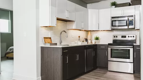 Two-tone cabinetry, stainless appliances and quartz counters - Modera Skylar