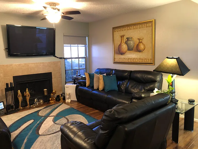 Living room with wood-burning fireplace