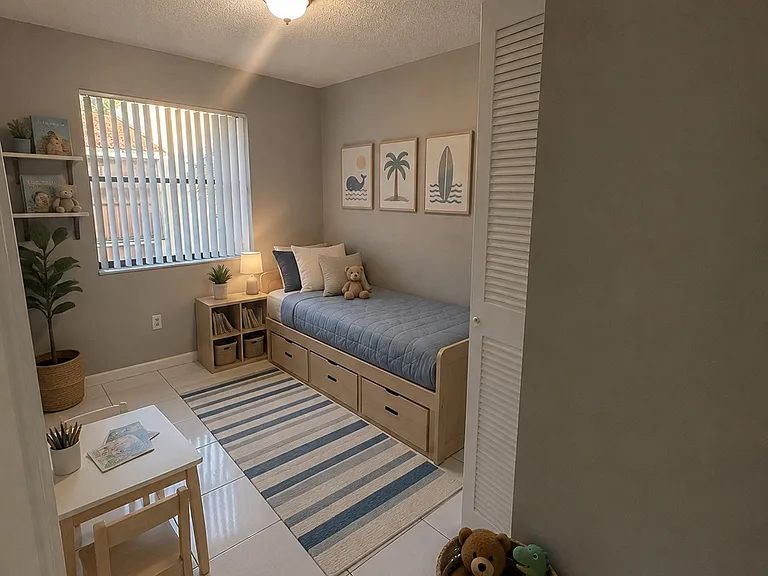 Staged with AI. Bedroom 2 as a kid's bedroom.