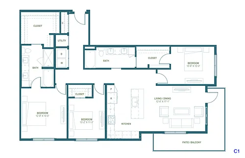 Floor plan C1 | 3 Bed | 2 Bath