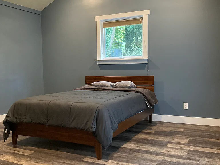 Main level master bedroom with mini-split heating and cooling and vaulted ceiling and a door to porch.