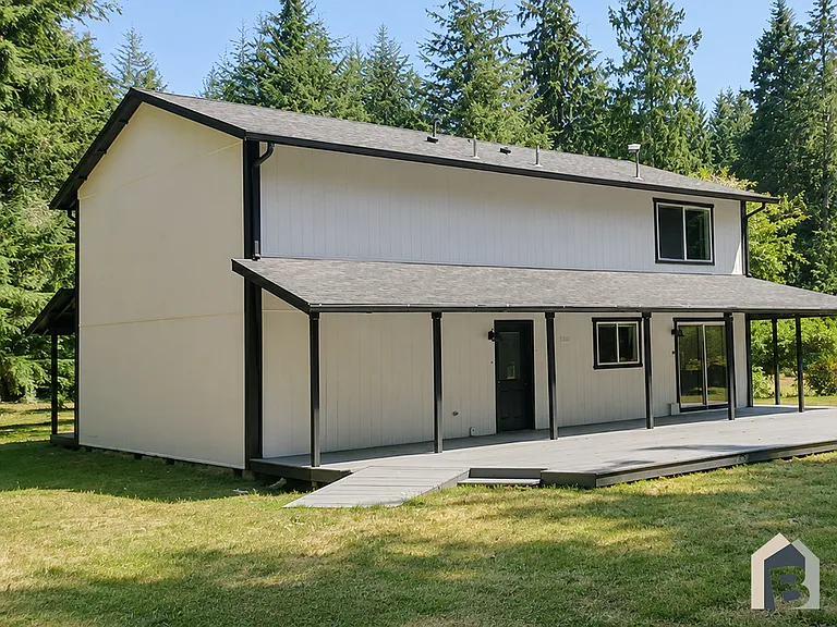 Back of house with large yard, deck and plenty of sunshine.