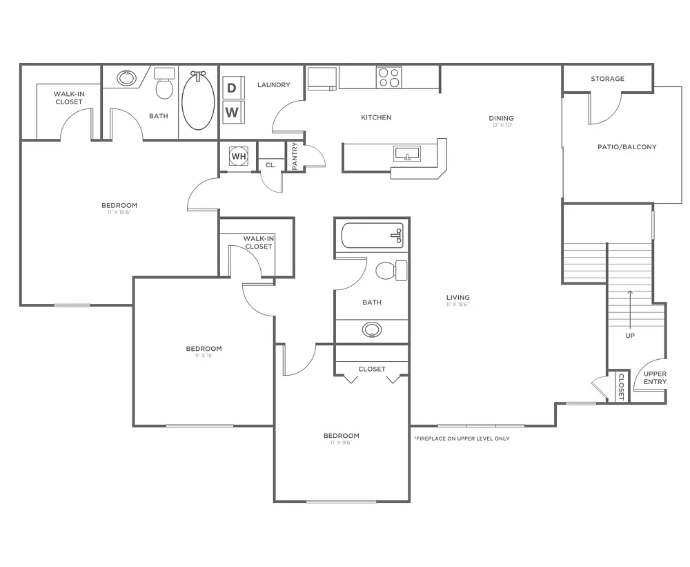 Floor plan Three Bedroom Two Bath (1385 SF)