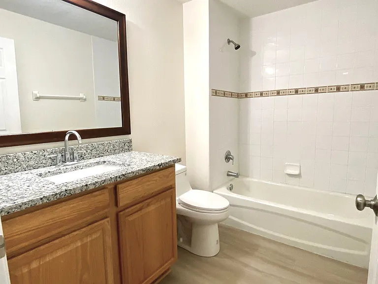 Hall way bathroom with new toilet, granite counter and hardware