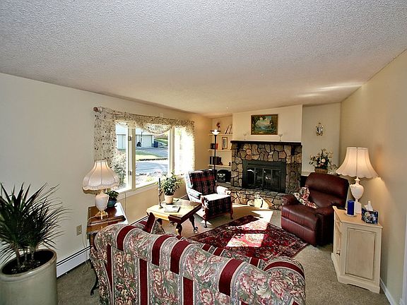 Wood burning stone fireplace in living room