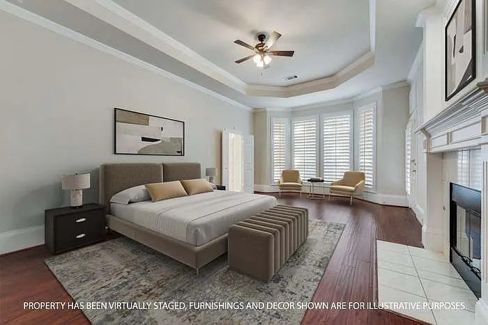 Large primary bedroom with gas fireplace and gorgeous updated primary bath with walk-in closet! Split bedrooms down a private hallway boast updated Jack n Jill bathroom.