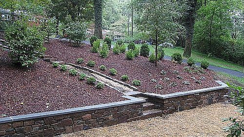 Natural rock retaining walls, rock stream water feature, new trees/ferns/etc.