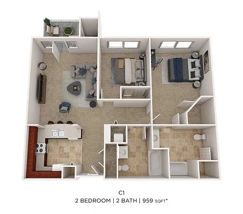 Floor plan Two Bedroom 2 Bath- 959 sqft