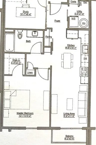 Floorplan shows in unit laundry in room with storage, bedroom with walk in closet, kitchen/living, bathroom, balcony