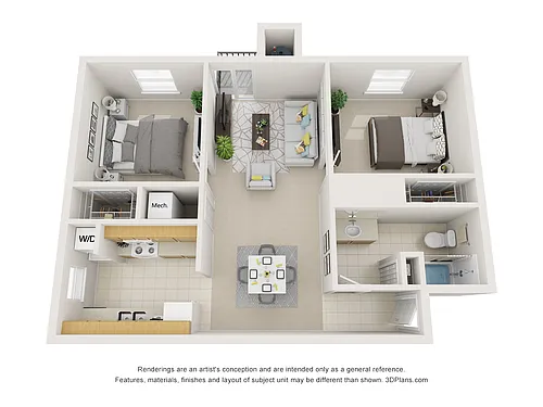Floor plan 2 Bedroom 1 Bath Apartment Home with 864 Square Fe