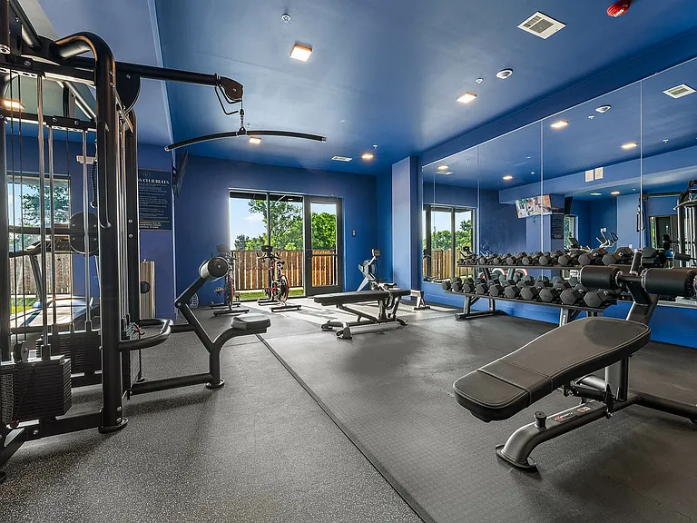 Gym free weights with pool door