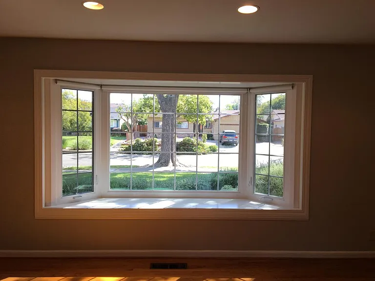 Living room bay window view.