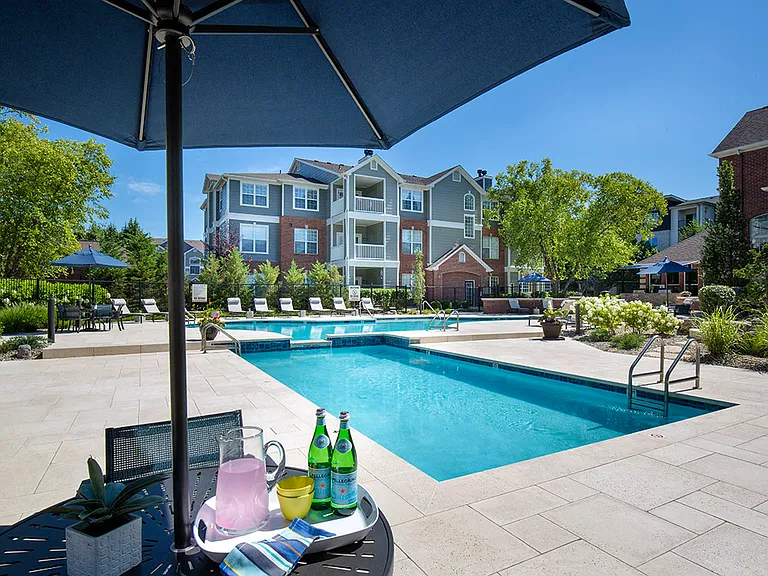 Resort-style pool and dining area