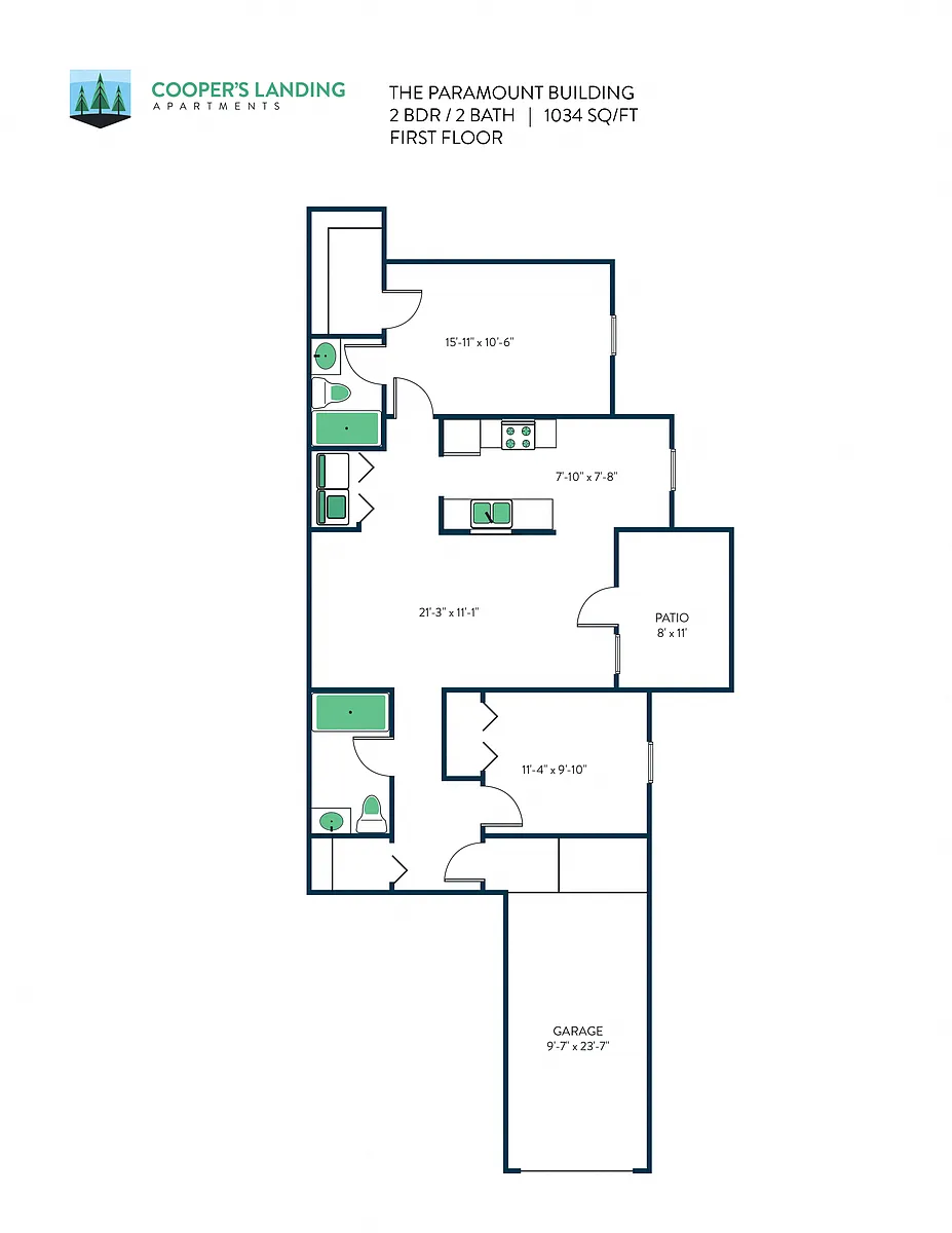 Floor plan 2 Bed, 2 Bath - 1034 sq ft