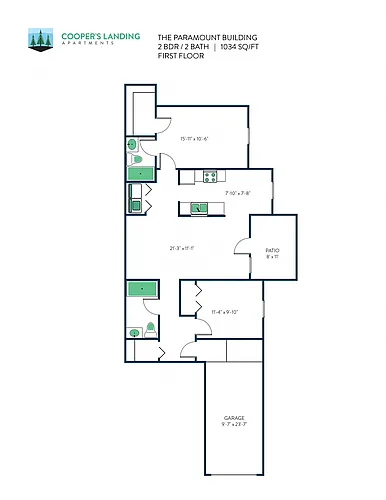 Floor plan 2 Bed, 2 Bath - 1034 sq ft