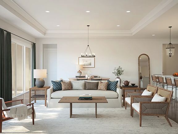 Great room with ceiling treatment and gorgeous flooring