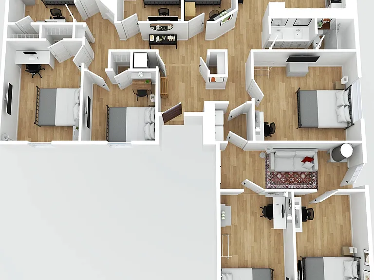 3D floor plan layout showing multiple bedrooms, shared living area, kitchen/dining, and bathrooms with wood-style flooring.