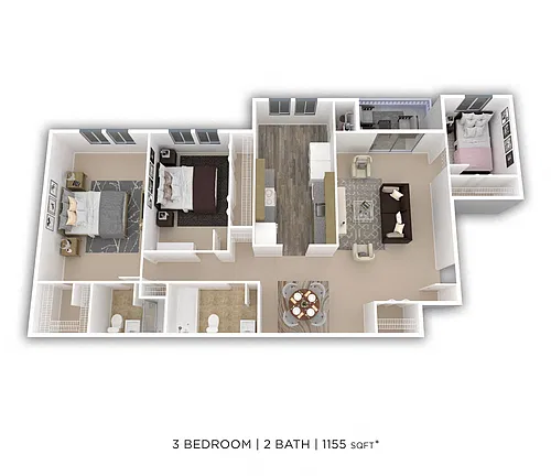 Floor plan Three Bedroom 2 Bath - 1,155 sqft