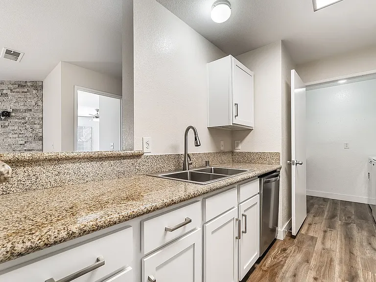 Kitchen overlooking Living Room with Dishwasher, Stainless Steel Sinks and New Faucet. New Cabinets & Lighting