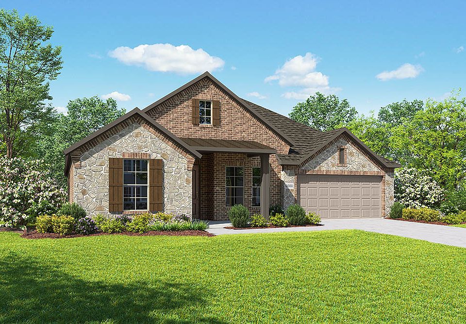 Elevation D is a single story farmhouse inspired brick and stone elevation with a metal roof detail
