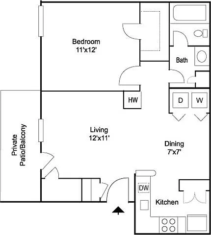Floor plan Courtyard 1BR 1BA 612 sq ft
