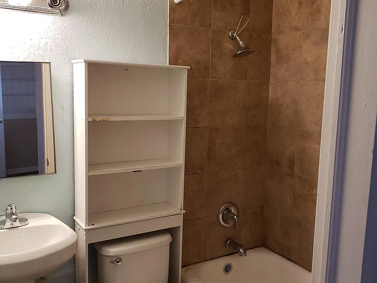 Bathroom #1. Recently surrounded the tub area with tile.