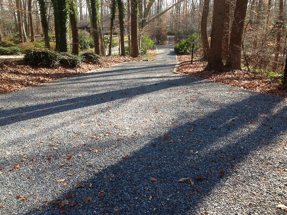 View down the driveway to Martins Cove Road. Path to the dock is to the left at the road.