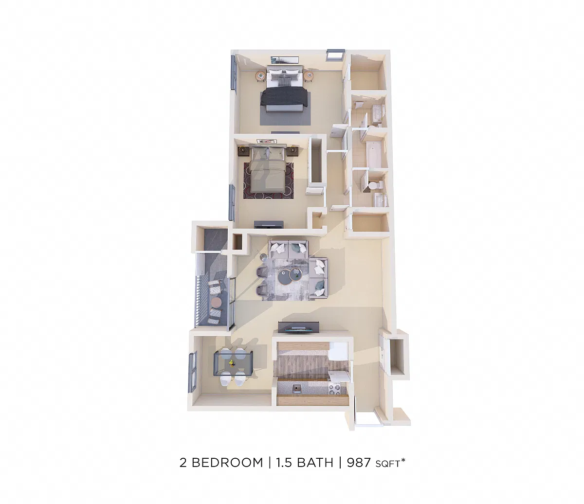 Floor plan Two Bedroom 1.5 Bath - 987 sqft