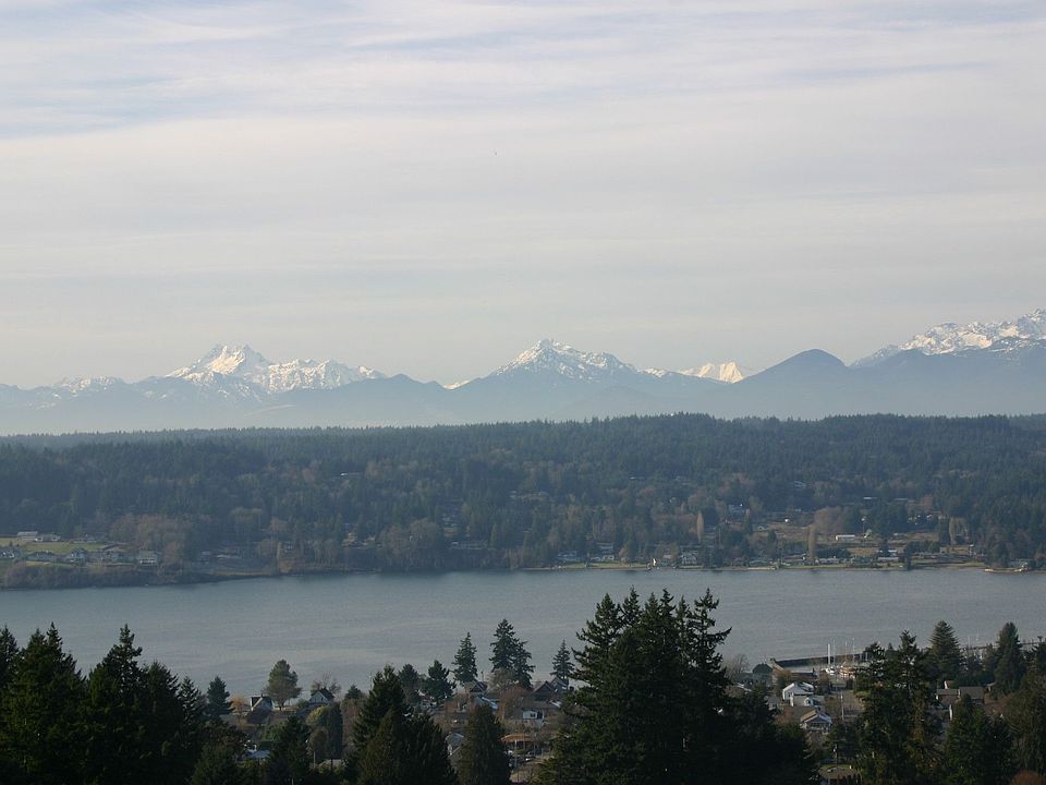 View of Olympics, Liberty Bay, and Poulsbo Village