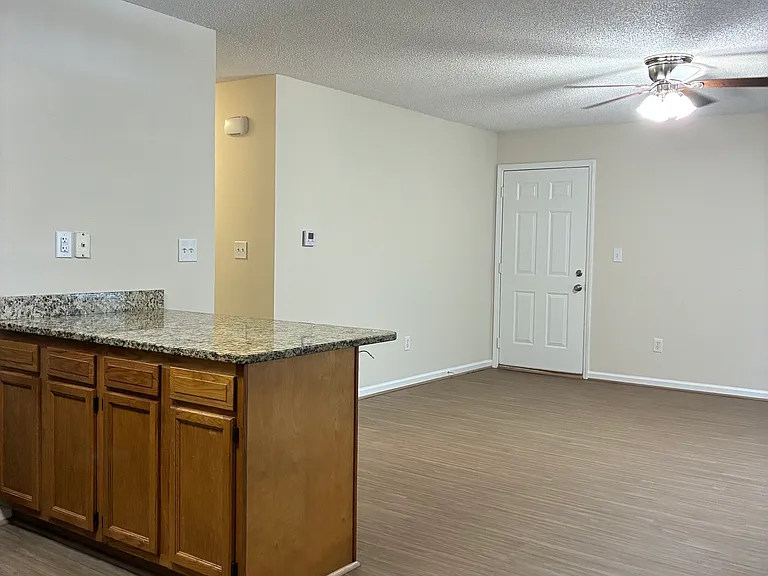 Island in kitchen, spacious living room