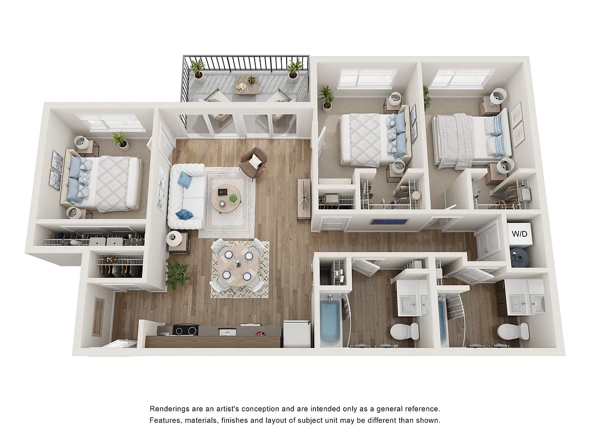 Floor plan Three Bedroom Two Bath with Entry