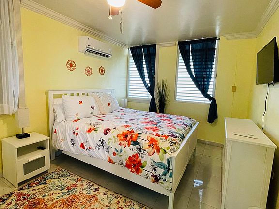 Master bedroom with A/C, fan, TV and queen bed