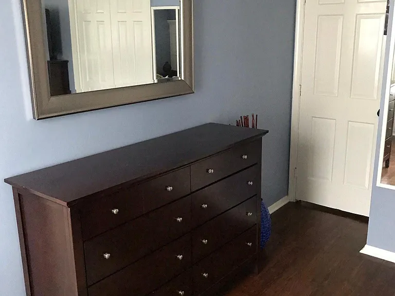 The master bedroom has two large closets and plenty of space for a king bed, tall dresser, long dresser & two nightstands