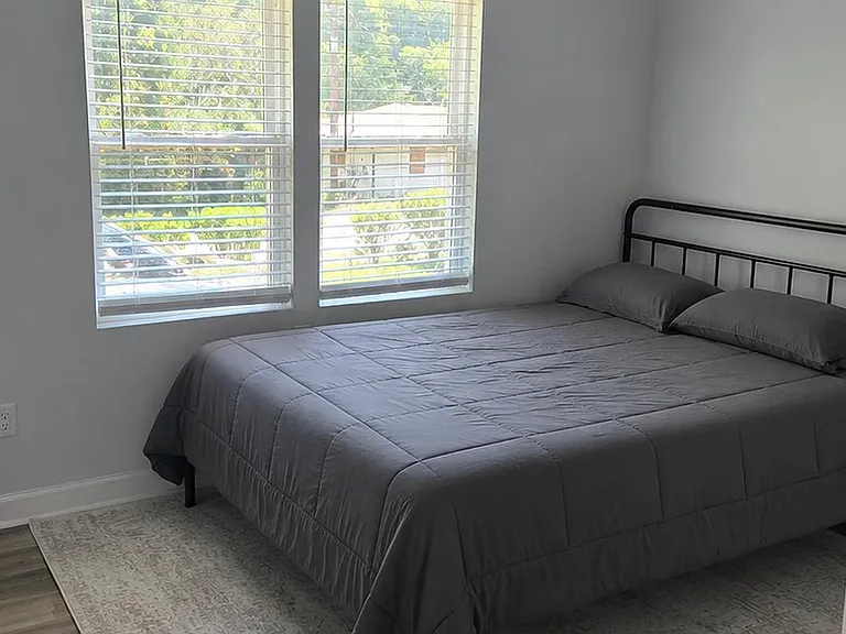 Furnished bedroom with a queen bed, ceiling fan, and two windows with blinds for natural light and ventilation.