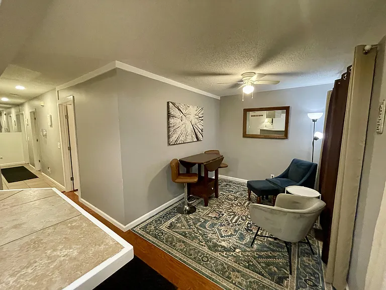 Living room, dining table and chairs, seating area