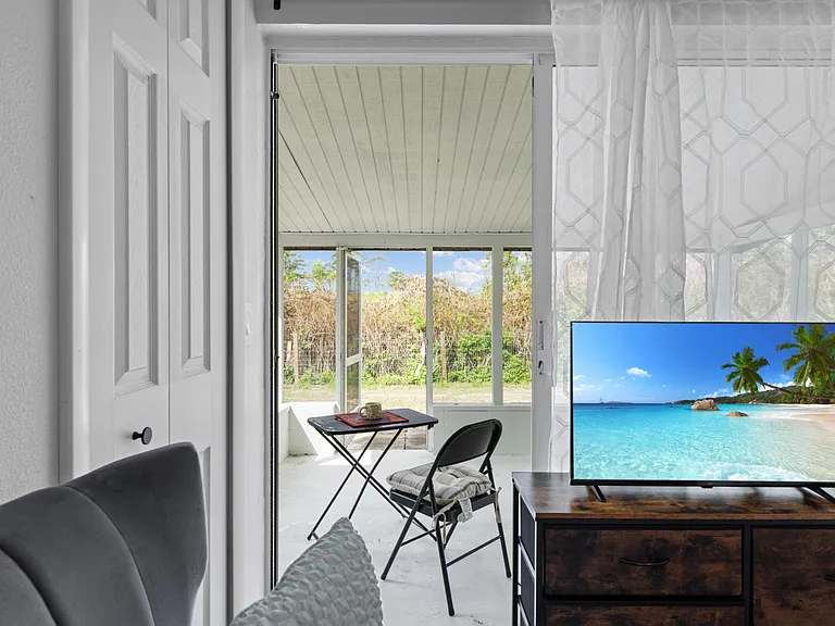 Your private sunroom work from home in natural light. Desk, TV, sliding doors to backyard.