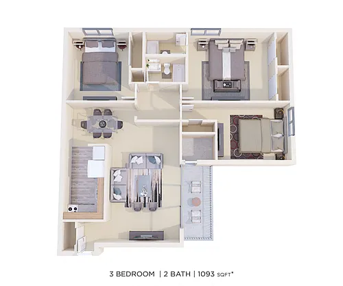 Floor plan Three Bedroom 2 Bath - 1,093 sqft