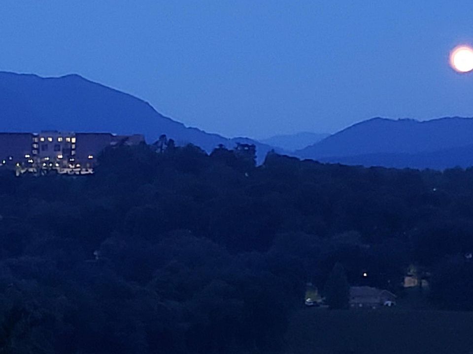 Views from deck across to Black Mountain 240 Cut through (by the mall, tunnel road which is 9 mins drive) with Mission Hospital new buildings across the river