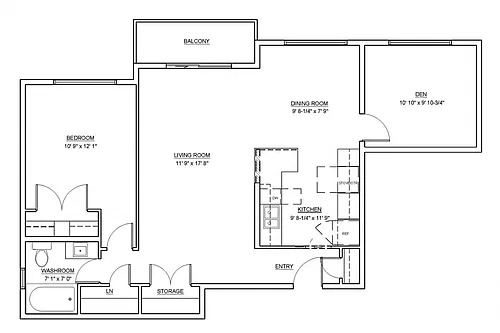 Floor plan 1 Bed 1 Bath + Den E