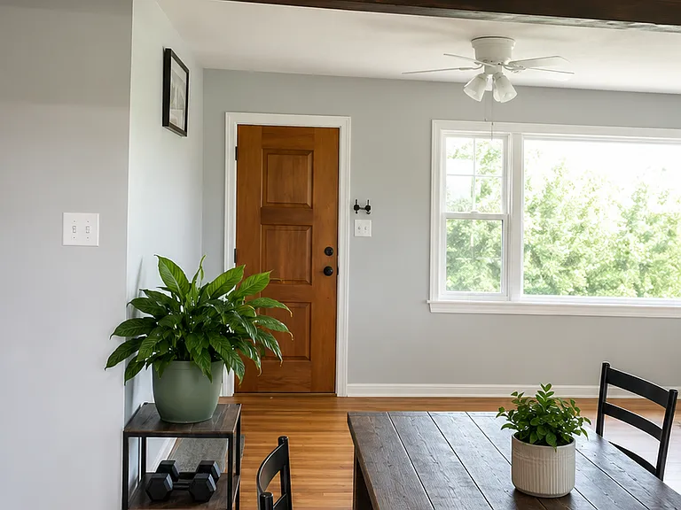 Dining area looking into living room
