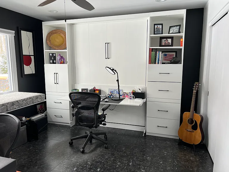 built-in desk with drawer and shelving
