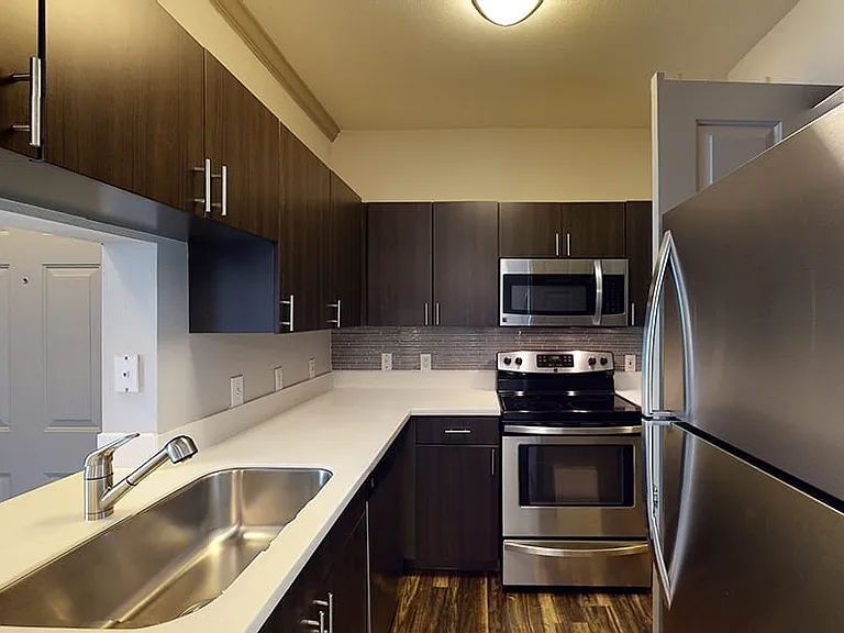 Apartment kitchen with stainless steel appliances, quartz countertops and wood-style flooring.