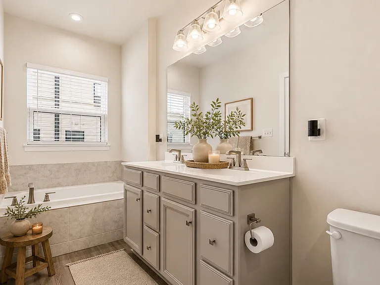 Dual vanities, a soaking tub, and a separate glass-enclosed shower create the perfect space to begin and end each day. (Photos are virtually staged)