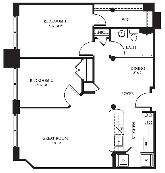 Floor plan AC-AA Two Bedroom, One Bathroom