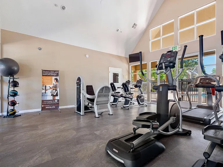 Fitness center with pool views and ample natural light